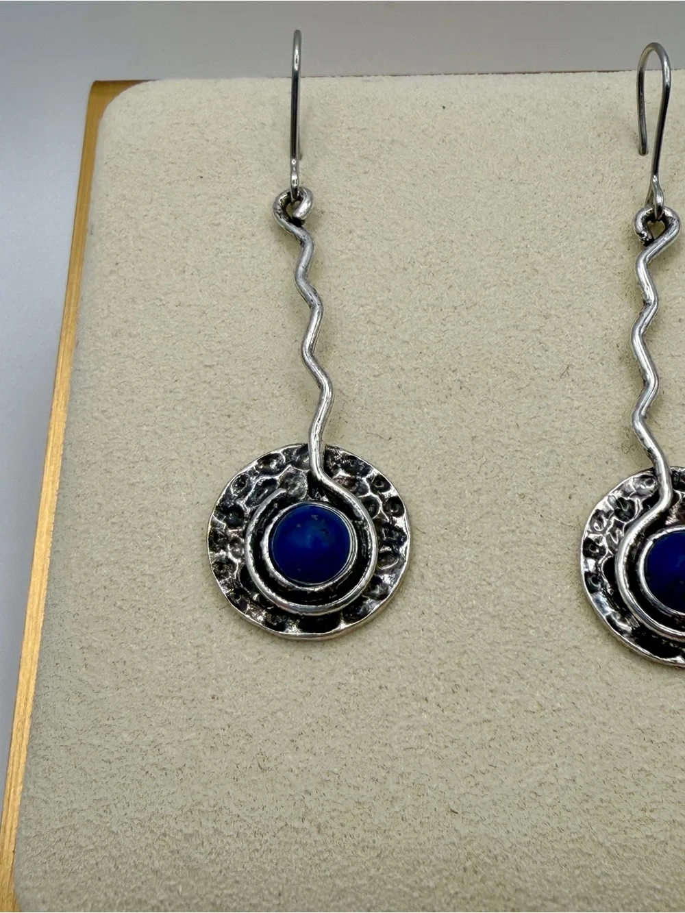 Artisan Sterling Silver Lapis Lazuli Wavy Drop Hammered Disc Dangle Earrings